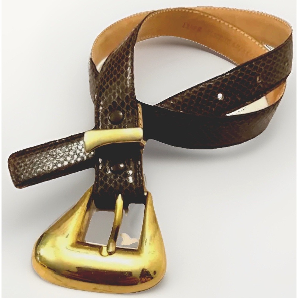 VTG Brown Snakeskin Belt Womens S Leather Gold Chunky Buckle Western Boho Retro